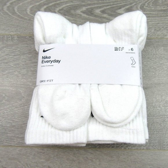 Nike Everyday Cushion Crew Socks White 6 Pack Women's 6-10 / Youth 5Y-7Y NEW - Picture 2 of 8